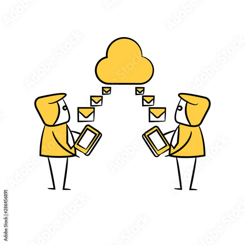 businessman receiving email from cloud yellow stick figure design