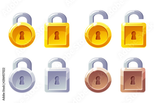 Padlock icon with square and round shape. Vector GUI Level Lock. Golden, silver and bronze padlocks. Icons on a separate layer