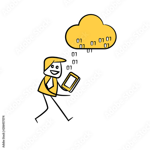 businessman download data from cloud yellow stick figure design
