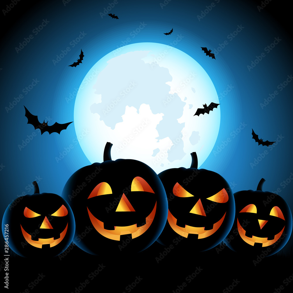 Halloween poster with scary pumpkins in blue design