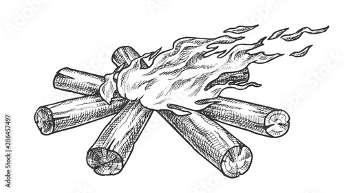 Torch Flame Blowing In Wind Monochrome Vector. Burning Starburst Timbers Flame Fireplace. Camping Tourist Element Campfire Template Designed In Vintage Style Black And White Illustration
