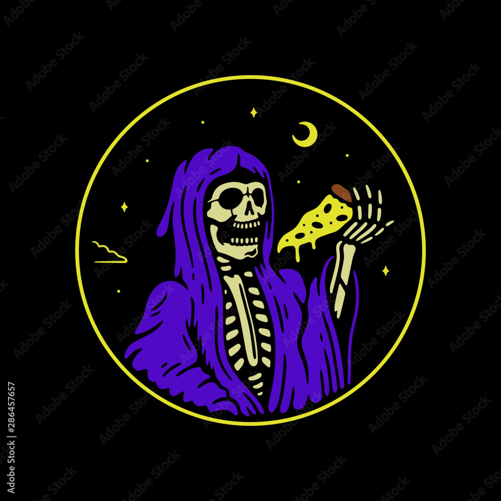 Grim Reaper With Pizza Slice Color Black Background Stock Vector Adobe Stock