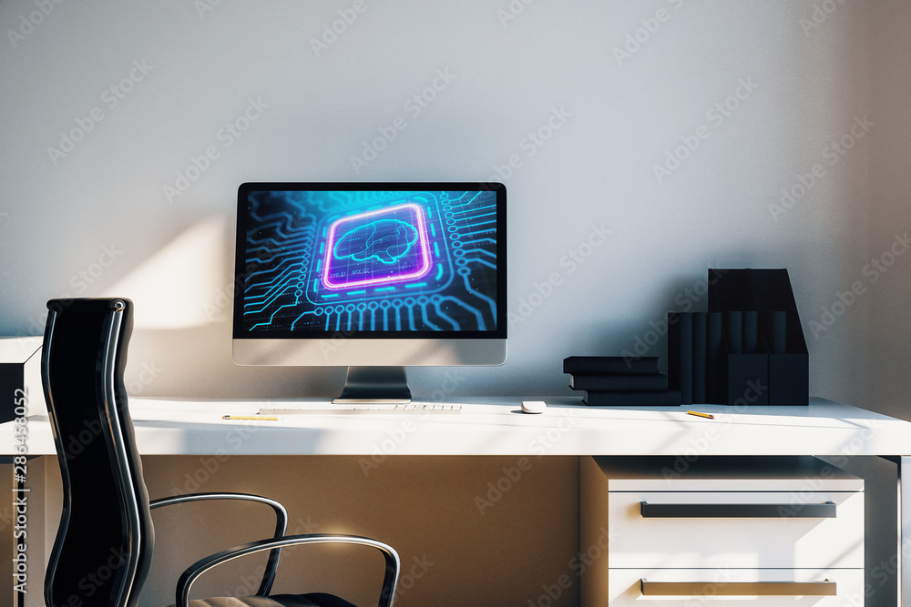 Desktop interior with computer, table and chair. Data theme brain drawing on screen. 3d rendering. Desktop interior with computer, table and chair. Data theme brain drawing on screen. 3d rendering.