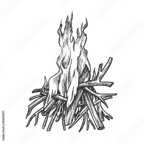 Traditional Burning Timbered Stick Vintage Vector. Burning Tree Wood Branches For Inflaming Flame. Hot Temperature Controlled Fire Of Twigs Designed In Retro Style Black And White Illustration