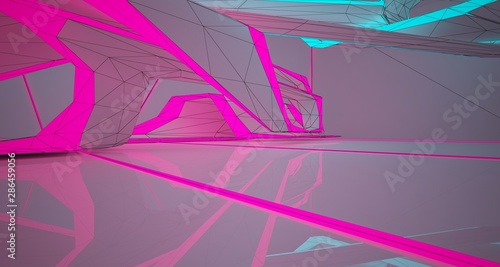 Abstract architectural drawing white interior with color gradient neon lighting. 3D illustration and rendering.