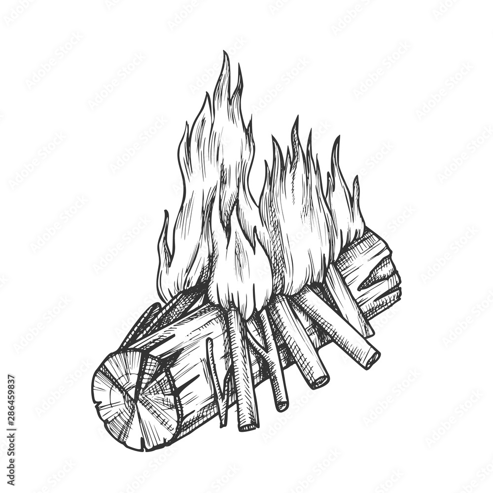 Traditional Burning Wooden Stick Monochrome Vector. Burning Timber And
