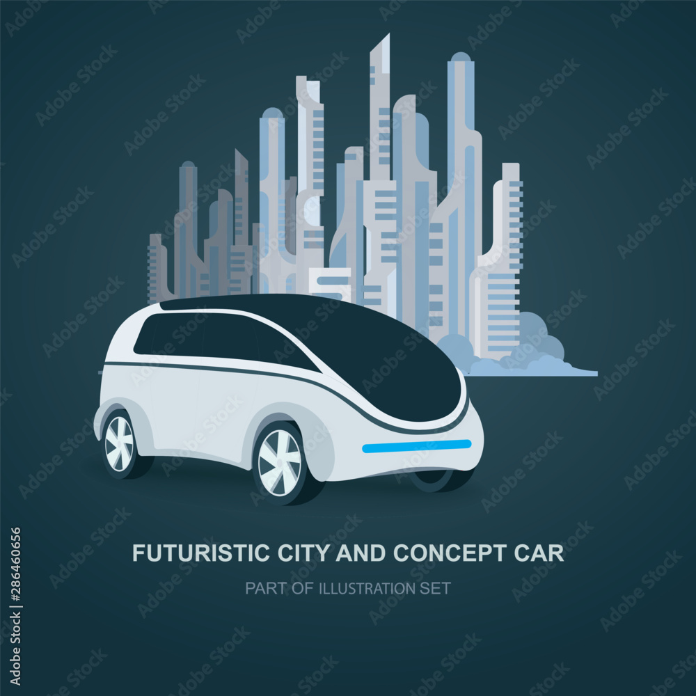Fototapeta Futuristic concept car and future city on background. Future technology vector illustration. Modern car vehicles and city. Part of set.