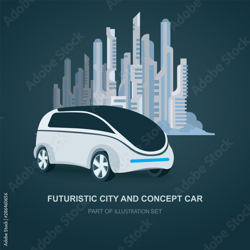 Futuristic concept car and future city on background. Future technology vector illustration. Modern car vehicles and city. Part of set.