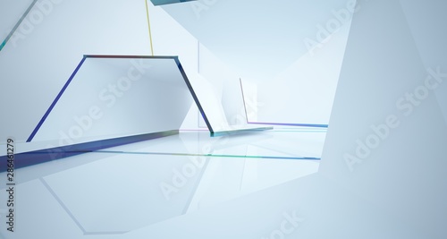 Abstract white and colored gradient glasses interior multilevel public space with window. 3D illustration and rendering.