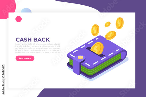 Money cash back concept. Coins and wallet. Isometric vector illustration.
