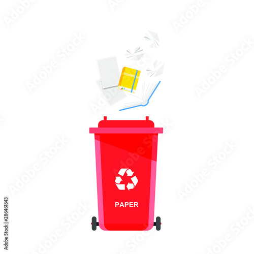 Assorted paper trash in special urn. Vector recycle concept. Bin for recycling with sorted garbage and rubbish.