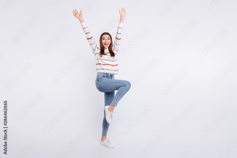 Full length photo of wild lady yelling hooray at student party wear striped pullover isolated white background