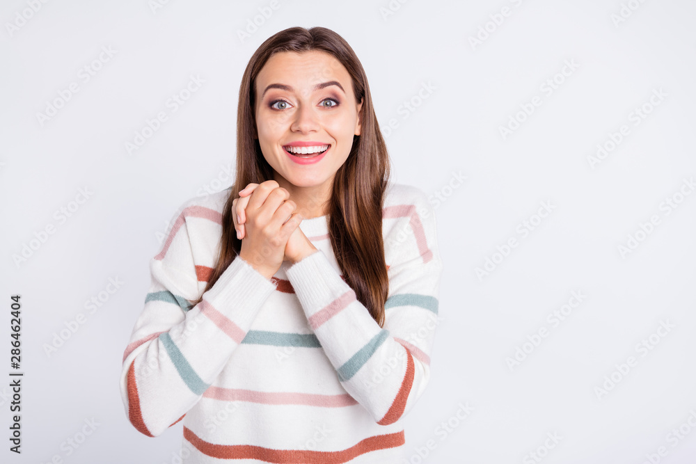 Overjoyed lady see cute present wear striped pullover isolated white background Overjoyed lady see cute present wear striped pullover isolated white background