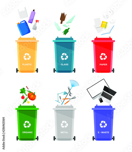 Assorted trash in color urns isolated on white background. Vector recycle concept. Bins for recycling with sorted garbage.