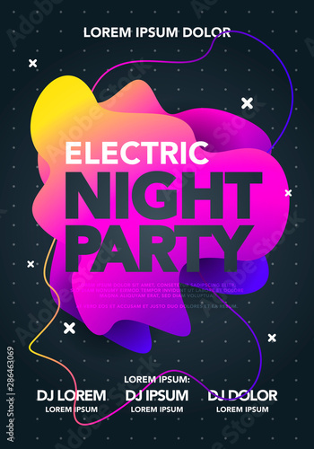 Vector electric night party poster with colorful liquid form. Abstract club flyer template with gradients fluid shapes.