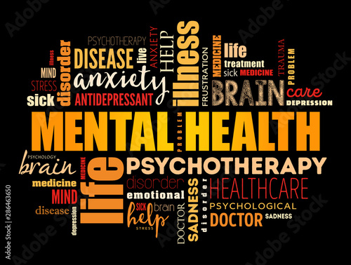 Mental health word cloud collage, medical concept background