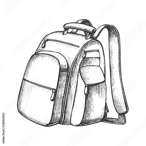 Modern Tourist Backpack Suitcase Monochrome Vector. Standing Suitcase Bag For Trip Accessories. Tourism Sport Equipment For Hike Designed In Retro Style Black And White Illustration