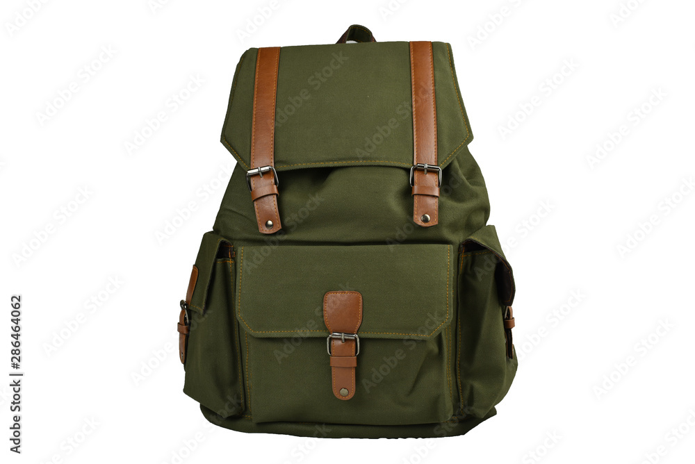 Canvas Backpack accessories isolated hipster background white. brown with green canvas bag. Hand made backpack for travelers. front view Canvas Backpack accessories isolated hipster background white. brown with green canvas bag. Hand made backpack for travelers. front view