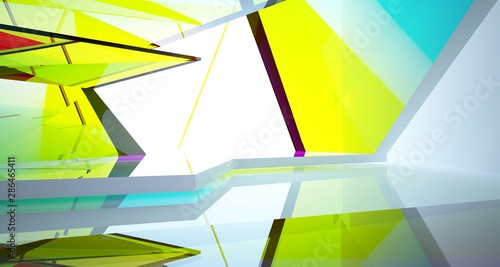 Abstract white and colored gradient glasses interior multilevel public space with window. 3D illustration and rendering.