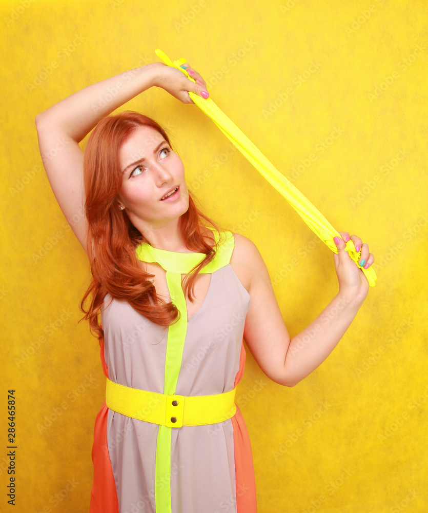 cute fashion lady with long satin fashion yellow gloves cute fashion lady with long satin fashion yellow gloves
