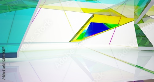 Abstract white and colored gradient glasses interior multilevel public space with window. 3D illustration and rendering.
