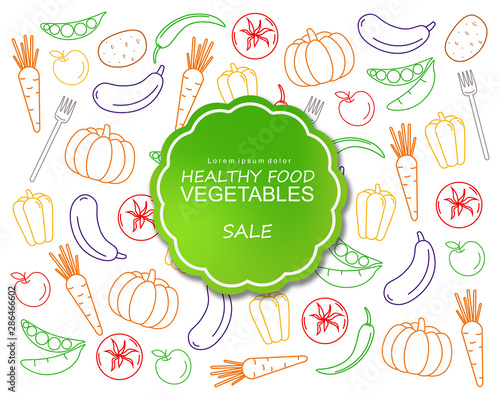 Healthy vegetables poster line art colorful Vector. Green label banner menu t...