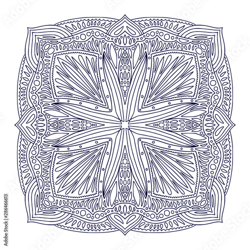 Unique shawl print. Oriental filigree pattern. Vector black and white background. Template for textile. Ornamental square pattern with line ornament.