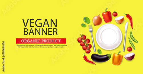 Vegan plate banner Vector realistic. Eggplant, pepper and tomatoes detailed 3...