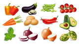 Vegetables set collection Vector realistic. Avocado, eggplant, carrots and tomatoes detailed 3d illustrations