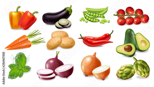 Vegetables set collection Vector realistic. Avocado, eggplant, carrots and tomatoes detailed 3d illustrations