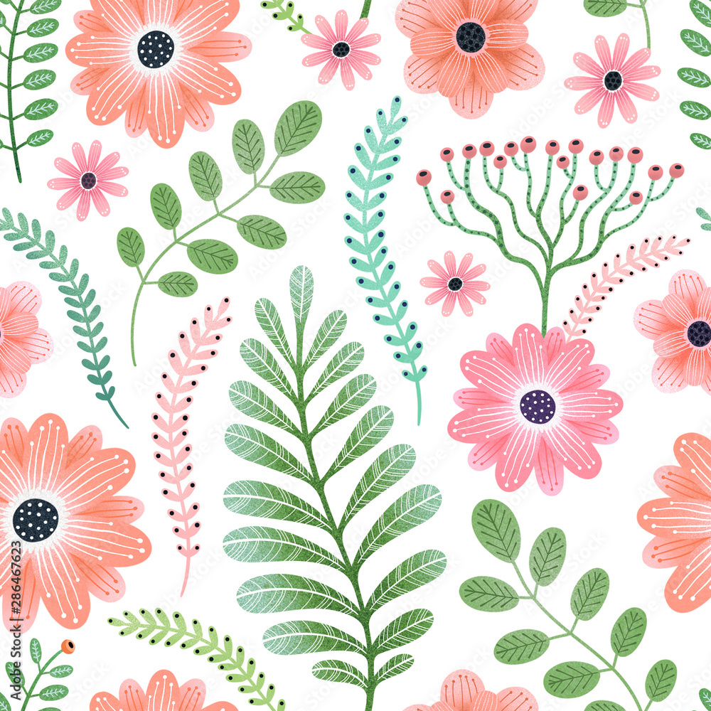 Seamless floral pattern with pink  flowers on white background
