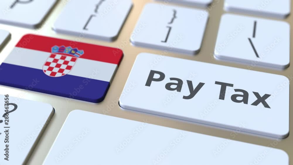 PAY TAX text and flag of Croatia on the buttons on the computer keyboard. Taxation related conceptual 3D animation PAY TAX text and flag of Croatia on the buttons on the computer keyboard. Taxation related conceptual 3D animation