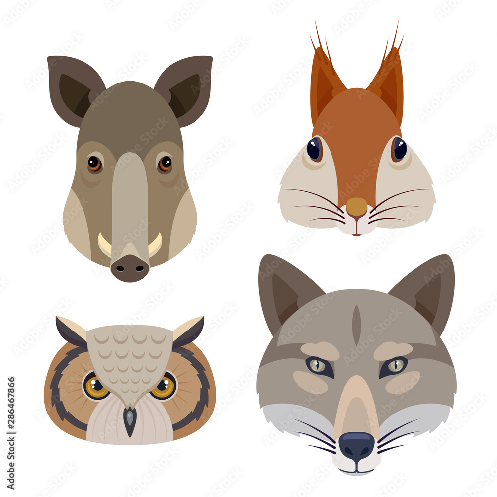 Fototapeta premium Woodland animal heads icons set. Flat vector illustration including squirrel, owl, pig and wolf