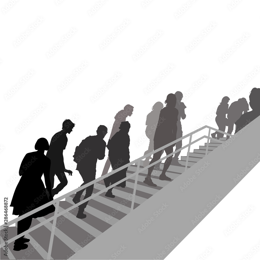 Vector silhouettes of people climbing up the stairs in Japan. Stock