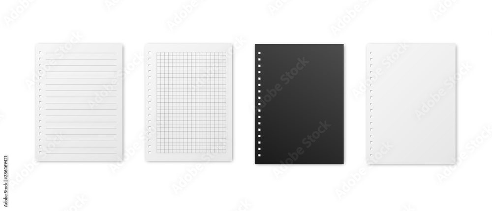 Blank realistic vector horizontal lined and squared notebooks with shadow. Copybooks with blank opened ruled page on metallic spiral, dairy or organizer mockup Blank realistic vector horizontal lined and squared notebooks with shadow. Copybooks with blank opened ruled page on metallic spiral, dairy or organizer mockup