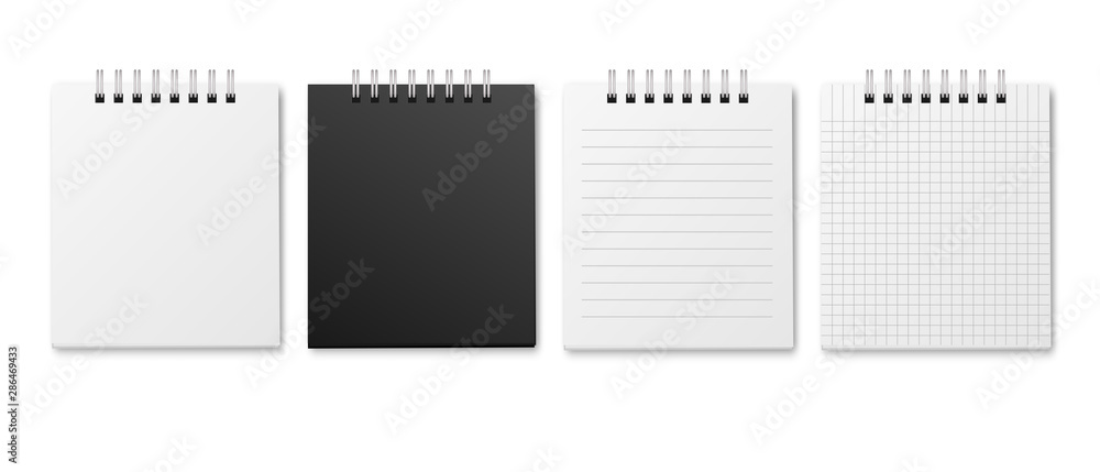 Blank realistic vector horizontal lined and squared notebooks with shadow. Copybooks with blank opened ruled page on metallic spiral, dairy or organizer mockup Blank realistic vector horizontal lined and squared notebooks with shadow. Copybooks with blank opened ruled page on metallic spiral, dairy or organizer mockup