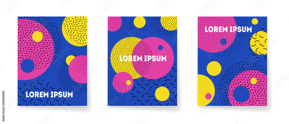 Set of abstract pop art cartoon covers. Vector trend shape for brochure cover template design in Memphis style