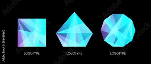 Set of three diamond logotypes. Colorful abstract glass gemstones crystals set in hipster polygonal style