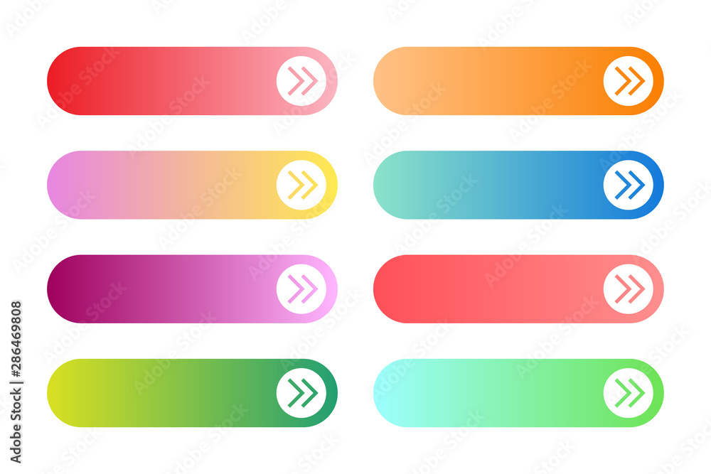 Vector set of modern gradient app or game buttons. User interface web button with arrows. Vector set of modern gradient app or game buttons. User interface web button with arrows.