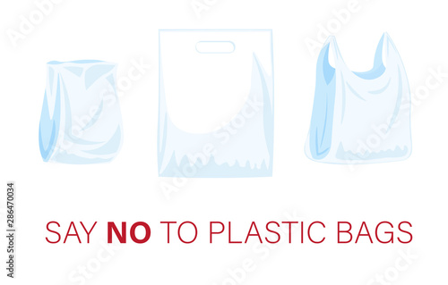 Say no to plastic bags, bring your own textile bag. Cartoon styled images with signage calling for stop using disposable polythene package. Vector illustration isolated on white
