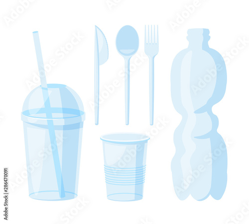 A set of plastic utensils in cartoon. Editable Clip Art. disposable cup Vector illustration isolated on white
