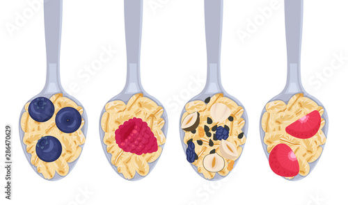 a spoonful of muesli oatmeal with fruits isolated on a white background