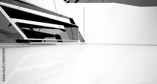 Abstract white and black interior multilevel public space with window. 3D illustration and rendering.