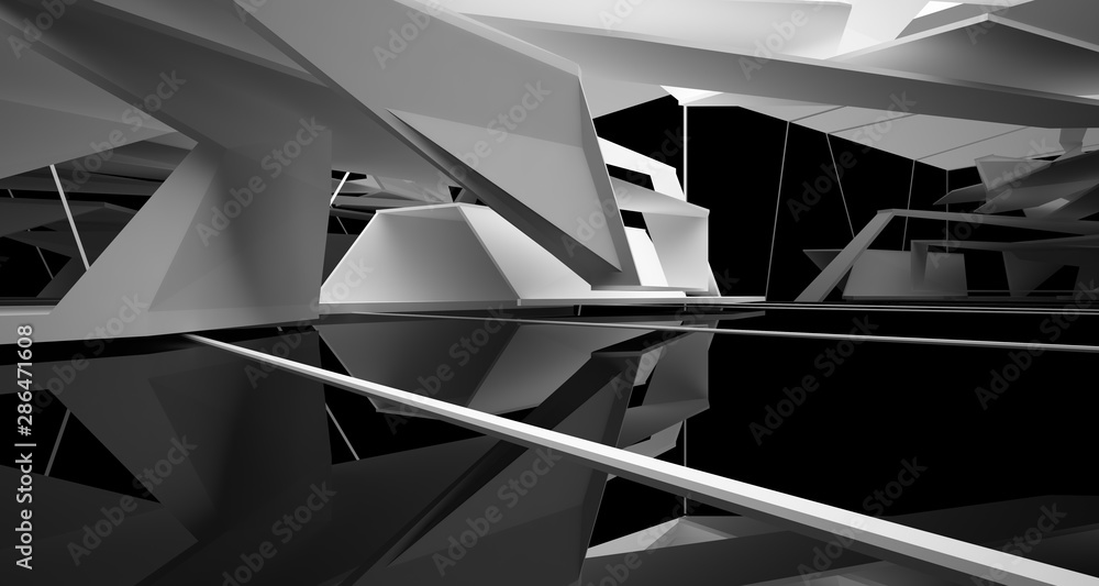 Abstract white and black interior multilevel public space with window. 3D illustration and rendering. Abstract white and black interior multilevel public space with window. 3D illustration and rendering.