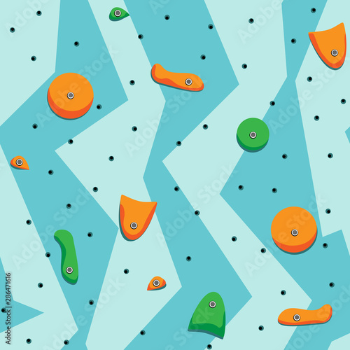 Seamless pattern of a blue climbing wall with orange and green holds 
