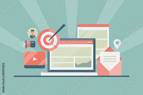 Successful content marketing for targeted audience, content formats - email, video, blog post, concept. Flt design vector banner template.