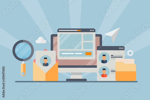 Customer data, client profile, customer marketing, online customer management, digital technology concept. Flat design vector banner.