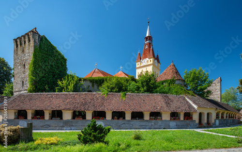 Scenic view Lutheran fortified church and evangelical cemetery in Cristian, Brasov County, Romania