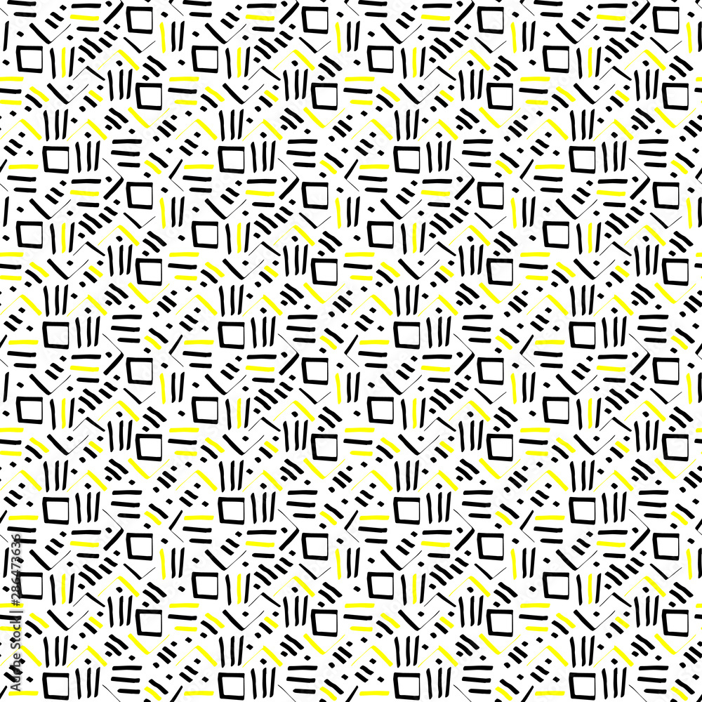 Seamless pattern with ink pen drawings. Doodle sketch. Black and yellow outlines on white background. Trendy texture for digital paper, fabric, decorative backdrops, wrapping. Vector illustration