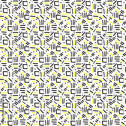 Seamless pattern with ink pen drawings. Doodle sketch. Black and yellow outlines on white background. Trendy texture for digital paper  fabric  decorative backdrops  wrapping. Vector illustration